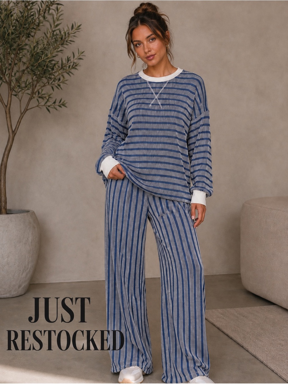 367. Women's Wide-Leg Ribbed Navy Blue Stripe Lounge Top and Pants Set